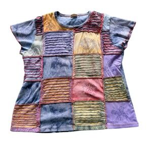 Rising International Patchwork Sun Tie Dye Boho Festival T-Shirt Medium - Large